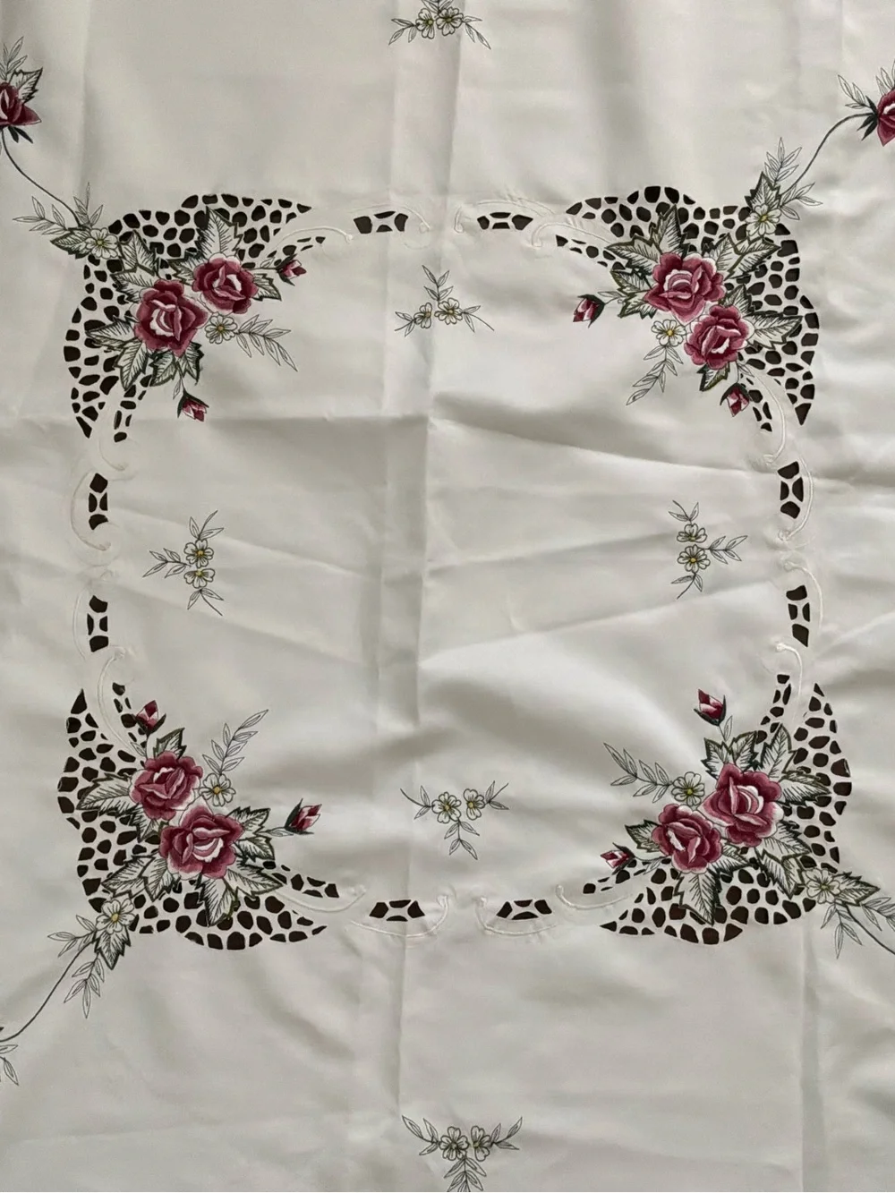 Vintage Embroidered Tablecloth 43” Square Rose Cut Out Design